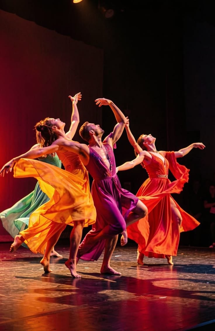Vibrant dance group performing on stage