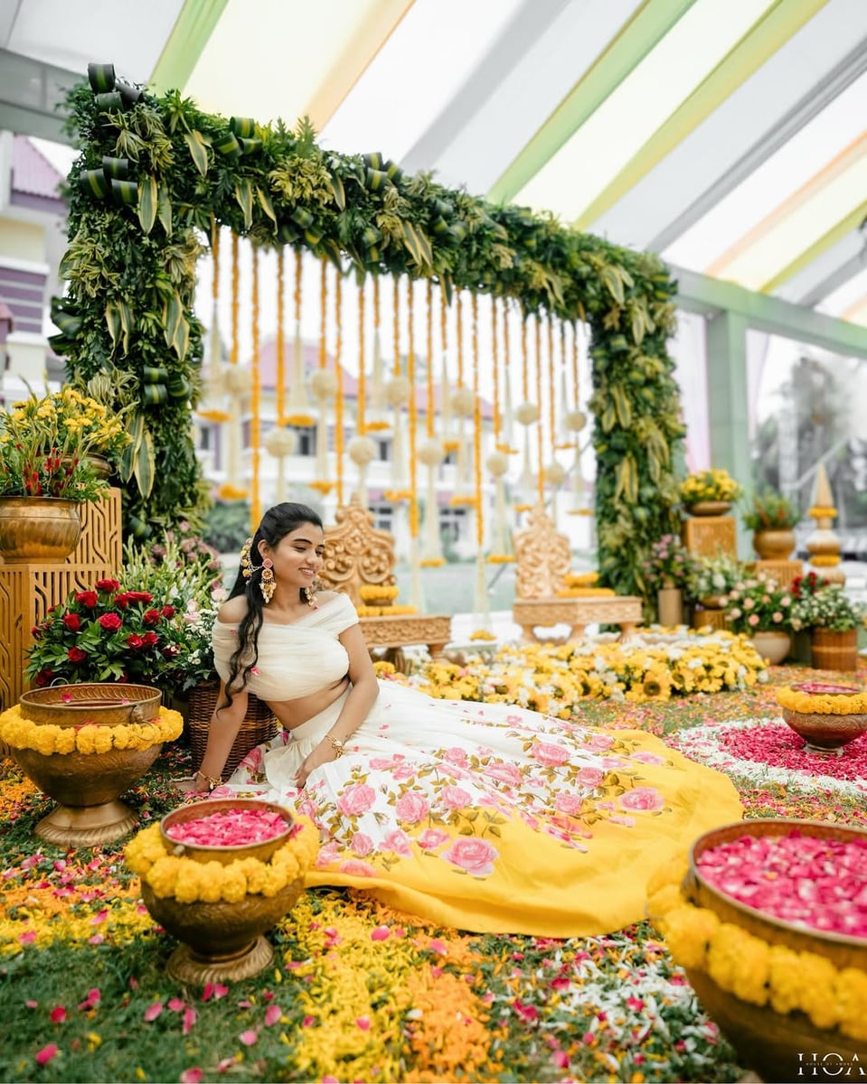 Vibrant marigold flower canopy in Surat (Haldi Setup 31)